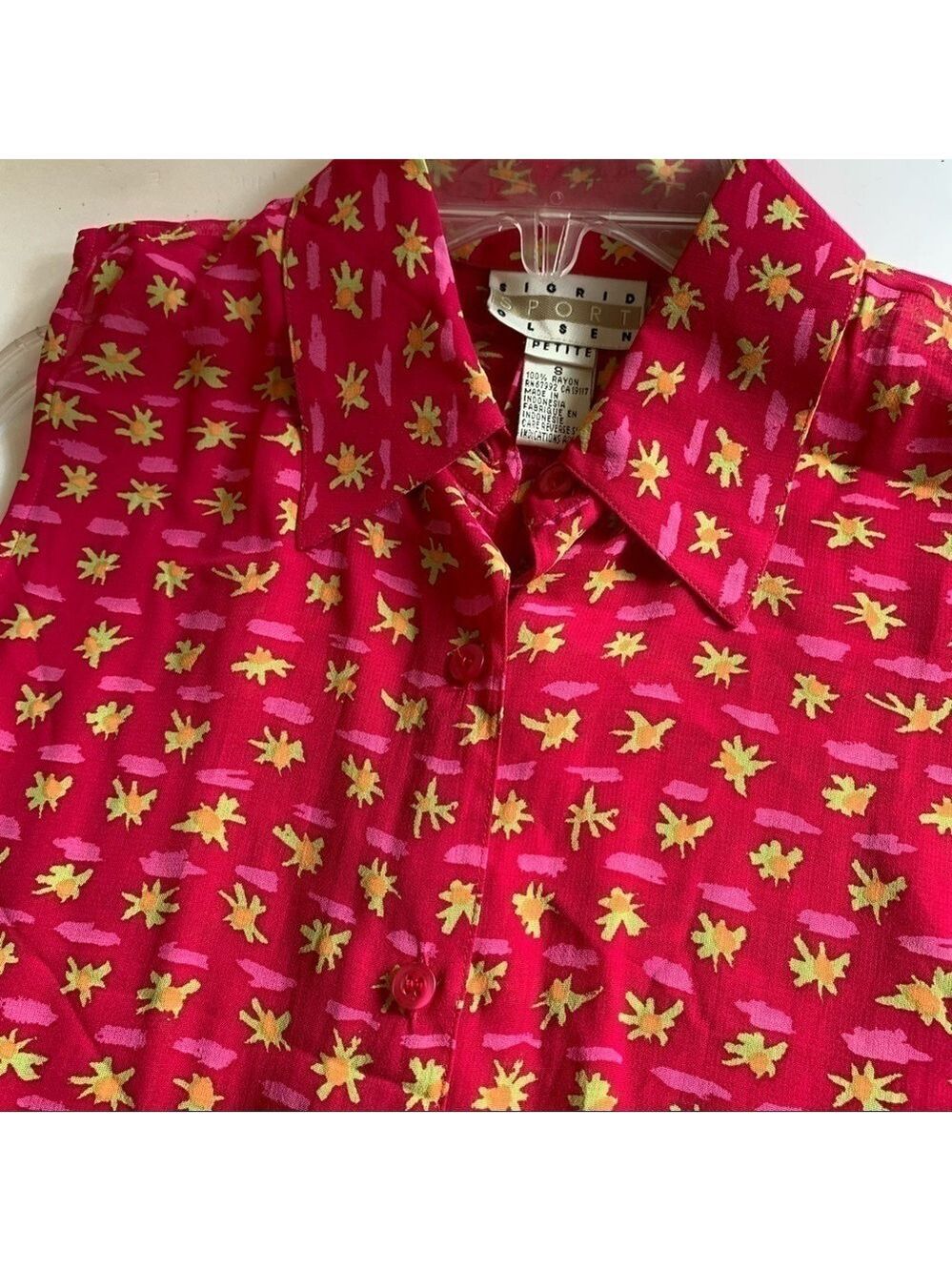 SIGRID OLSEN tropical fuchsia floral pink print summer sleeveless top blouse - Picture 2 of 7